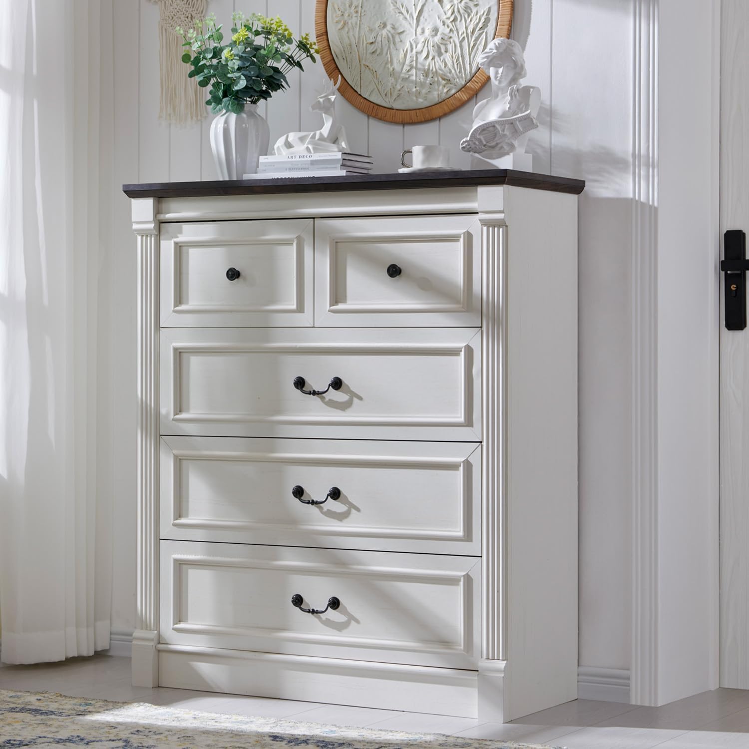 Farmhouse 5 Drawers Dresser for Bedroom, 46 Tall Dressers & Chests of Drawers w/Roman Column, Large Storage Dressers Organizer for Bedroom, Hallway, Living Room, White