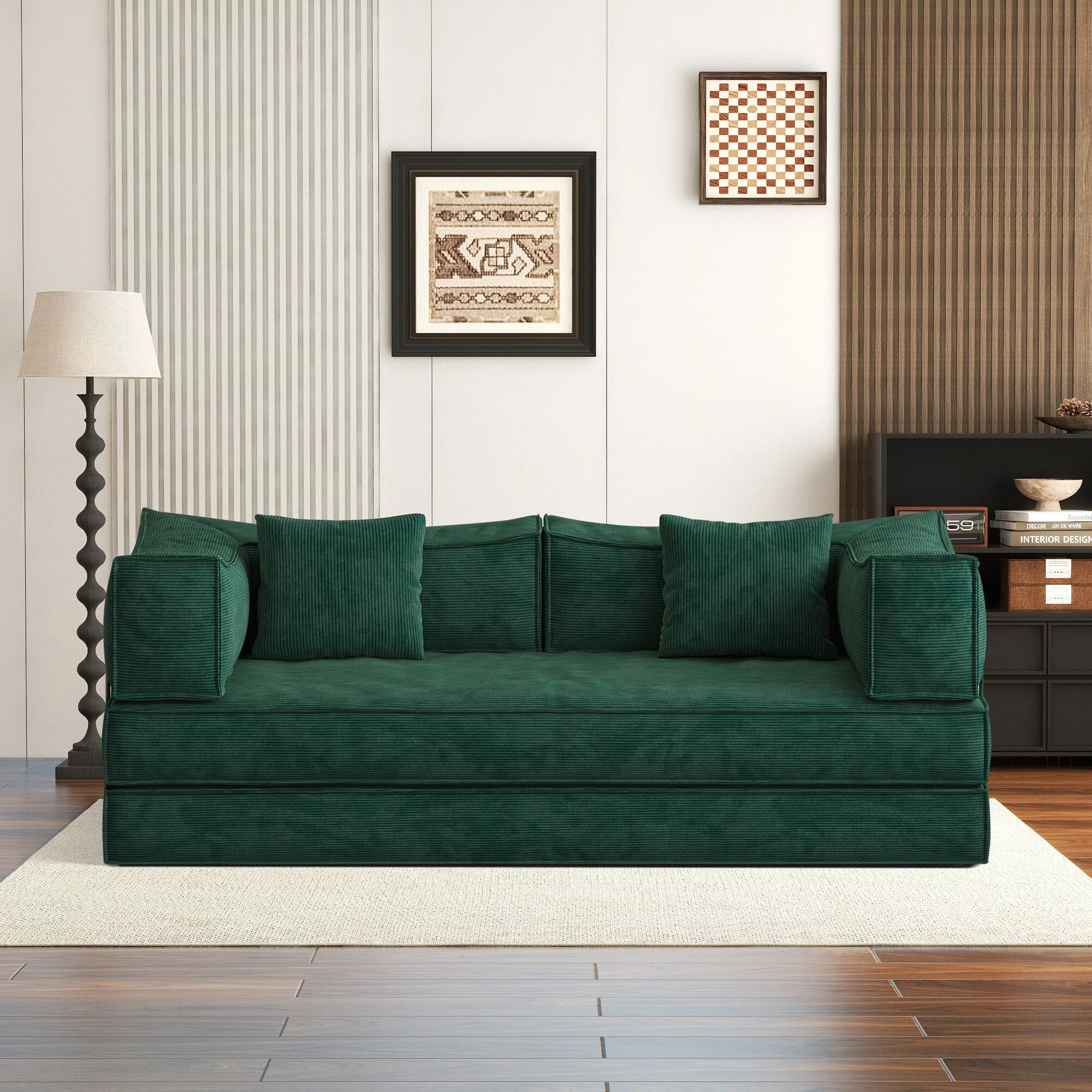 83 Upholstered Convertible Sofa Bed Corduroy Couch Foldable Futon With 2 Pillows