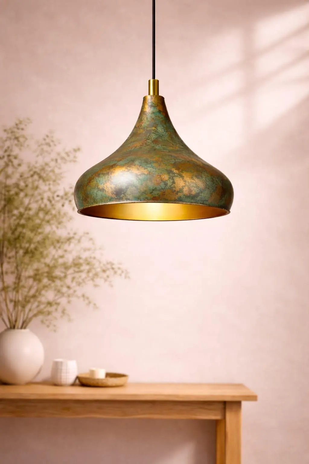 Handmade Bronze Pendant Light with Green Patina, Rustic Kitchen Island Lighting, Verdigris Copper Ceiling Lamp, Farmhouse Decor