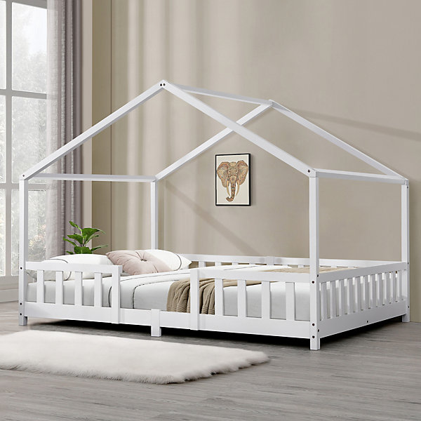 Lit d'Enfant Forme Maison avec Grille de Protection Treviolo200 x 120 cm Blanc Mat Laqué en.casa