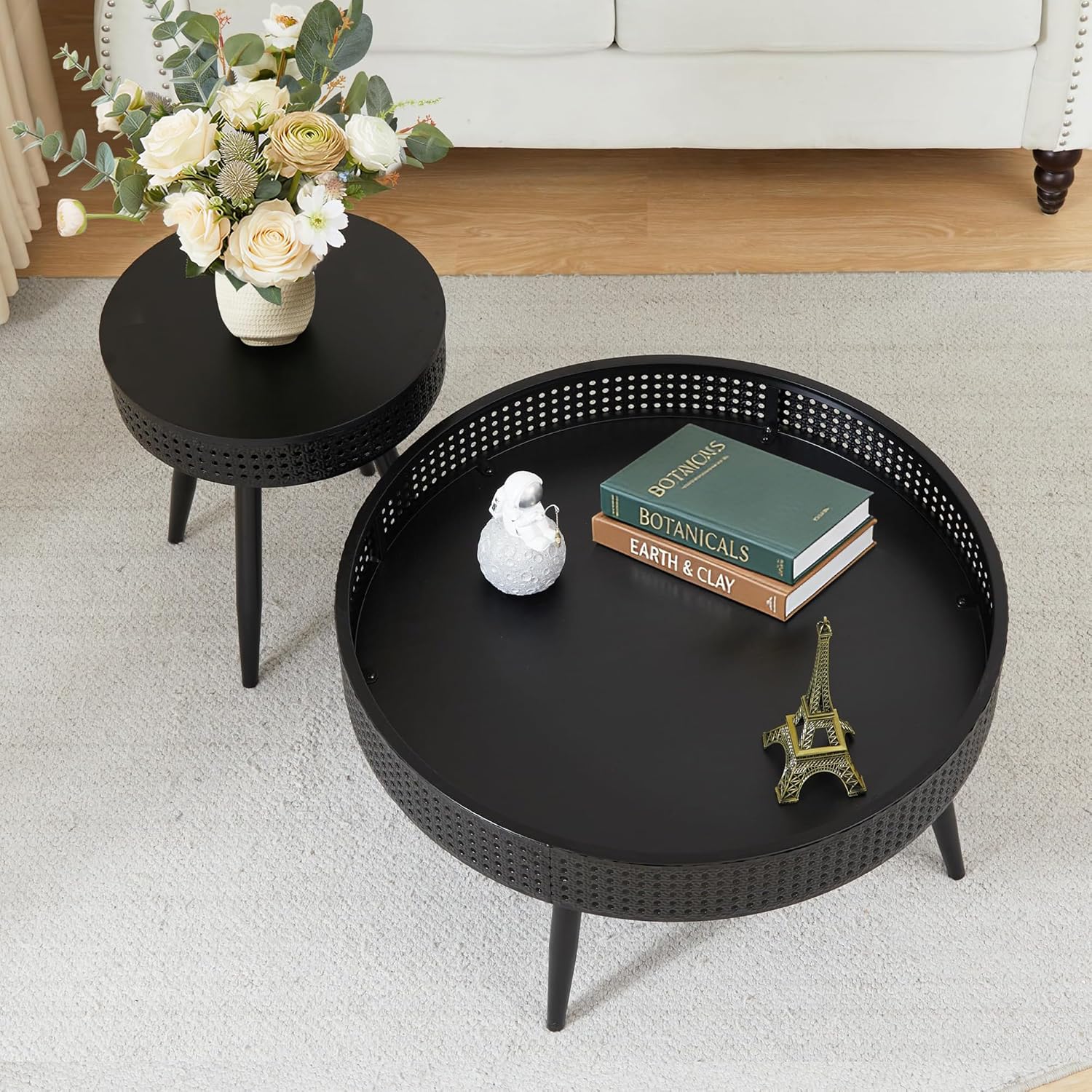FurSch Modern Farmhouse Round Coffee Table Set of 2, Iron Rattan Nesting Side Table with Hidden Storage Basket for Living Room, Balcony, Patio, Poolside (Black)