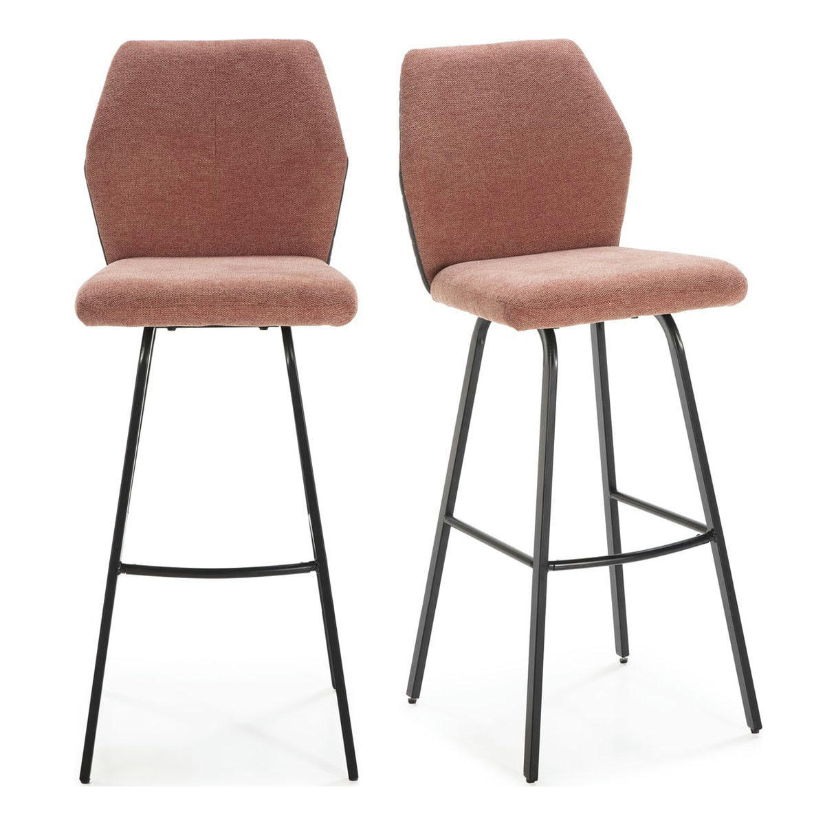 GARANCE - Lot de 2 tabourets de bar en tissu orange corail et simili cuir 75 cm