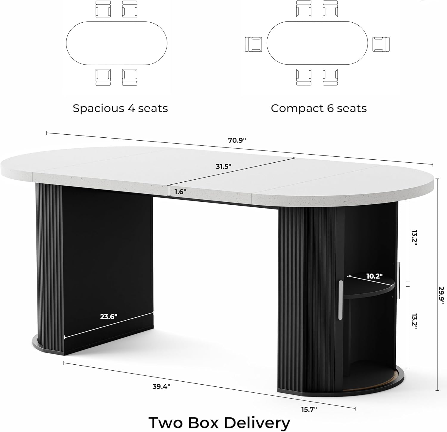 IRONCK 71 Oval Dining Table for 4-6 with Hidden Storage, Modern Farmhouse Kitchen Table with Fluted Semi-Cylindrical Legs, Faux Quartz Top for Dining Room, Kitchen, Living Room & Home Office (Black)