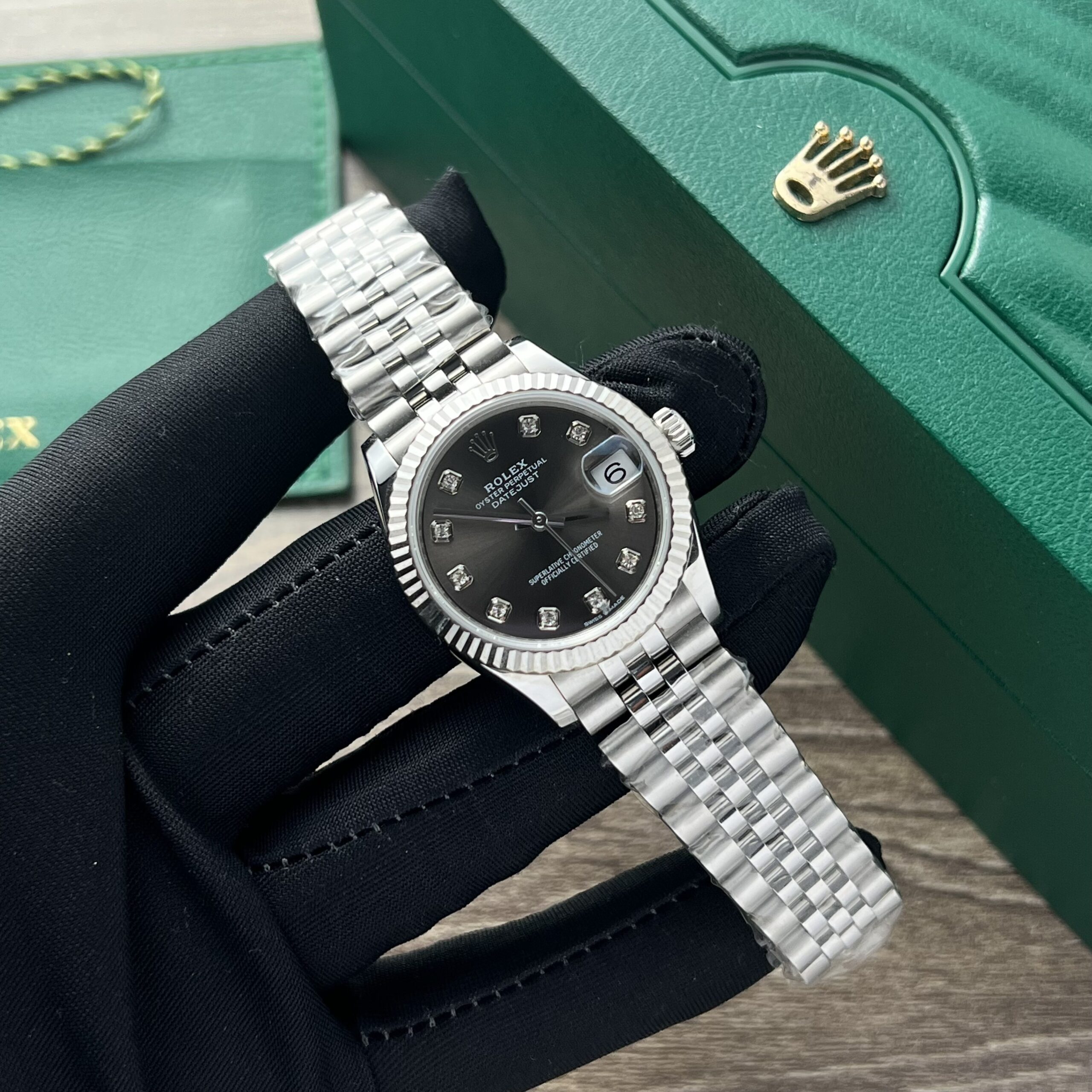 Rolex Datejust 316L Steel Black Dial CZ Diamonds 31mm Jub AAA Replica