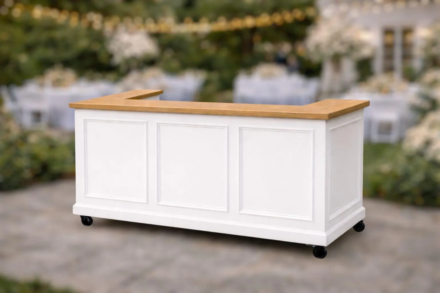 Foldable Snack & Bar Cart — 48/60/74 x 24 — White, Black, or Stained — Swivel Wheels — Freight Shipping — Custom Cutouts