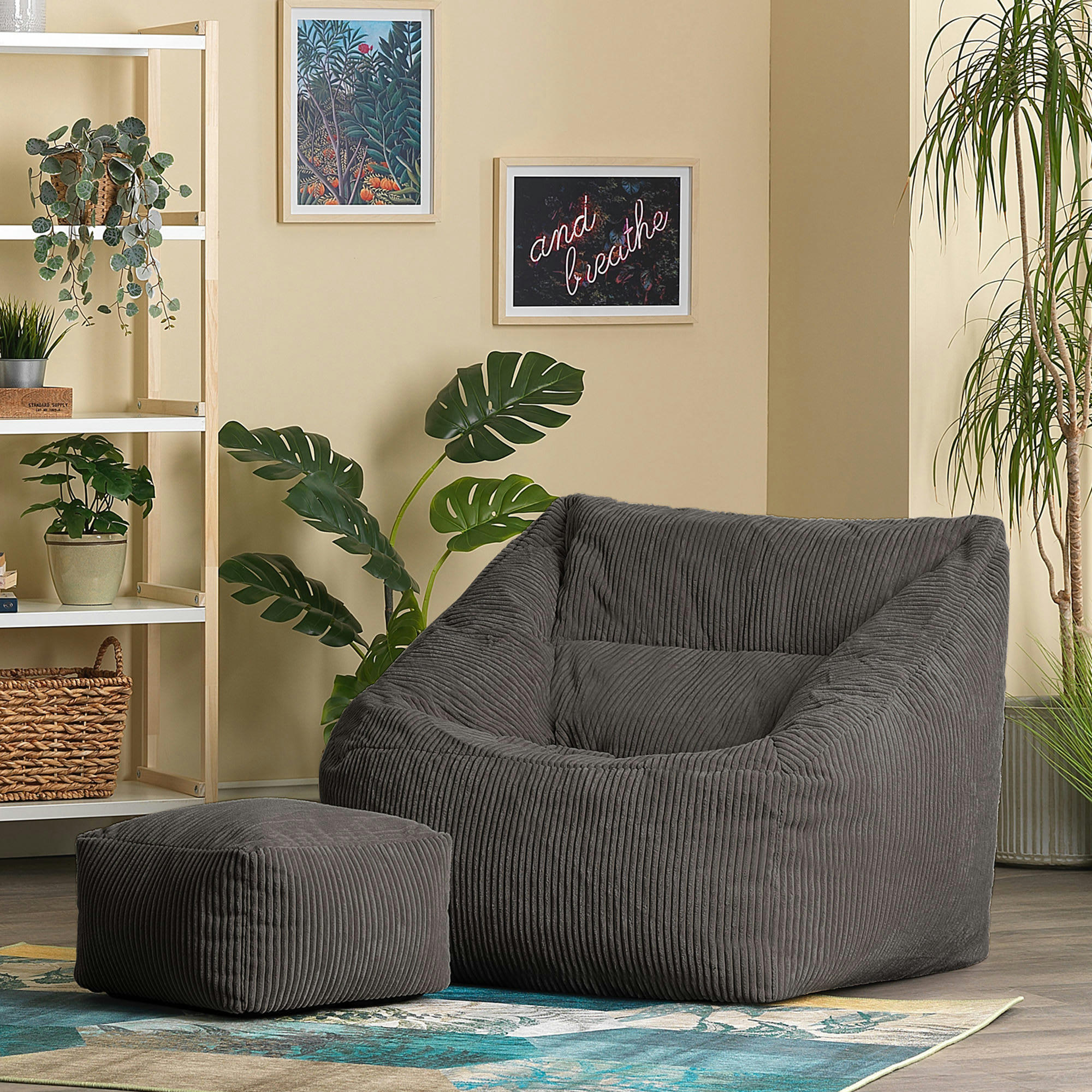 MORGAN - Pouf fauteuil avec repose-pied carré velours côtelé gris anthracite