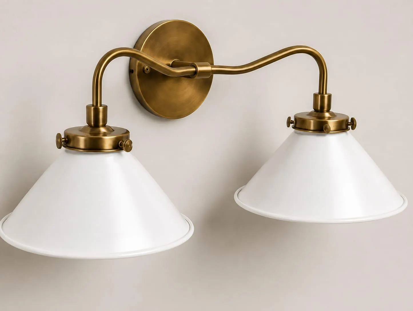 Double Brass Wall Sconce | Mid Century Modern Wall Light | White Cone Shade Lamp | Handmade Bedroom & Hallway Lighting