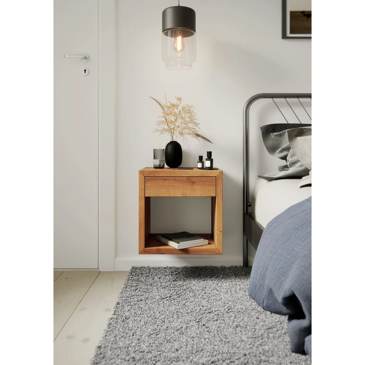 Scandinavian Floating Nightstand with Drawer, Solid Oak - Bedroom Side Table