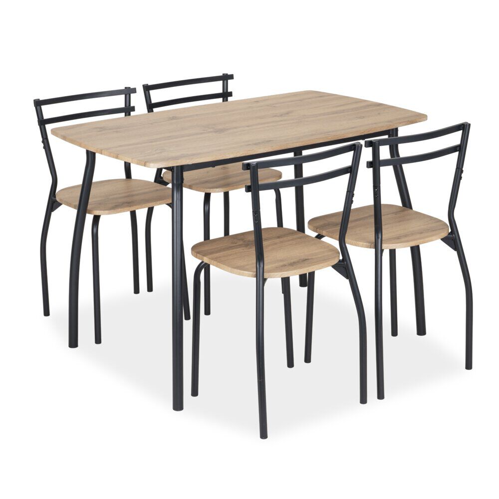 Table avec 4 chaises Luffi métal noir et bois marron 100x70xH75cm