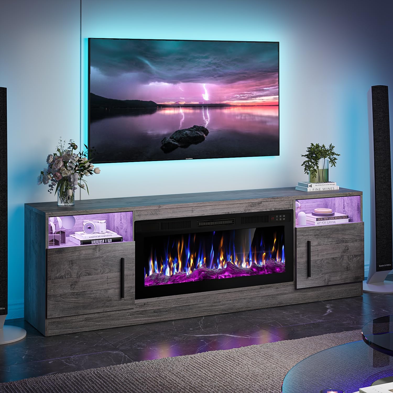VITESSE TV Stand with 36 inch Electric Fireplace Up to 80 TVs, LED Light Entertainment Center, 70 Modern Wood High Gloss Fireplace with Highlight Storage Cabinet for Living Room (Grey)
