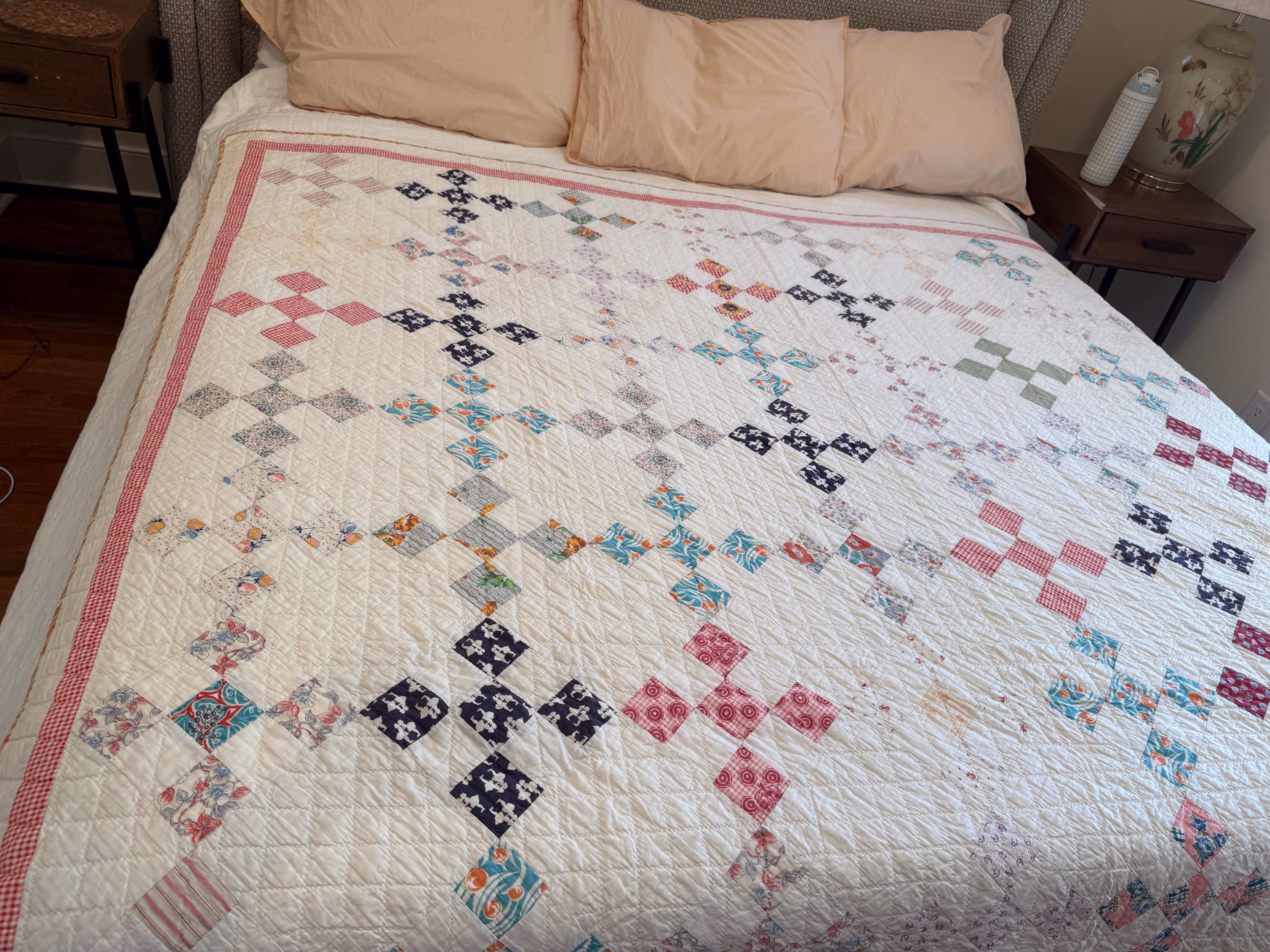 Vintage Handmade Patchwork Quilt, Nine-Patch On-Point Scrappy Quilt, Cozy Farmhouse Bedding, Cottagecore, Hand-Quilted Antique Textile