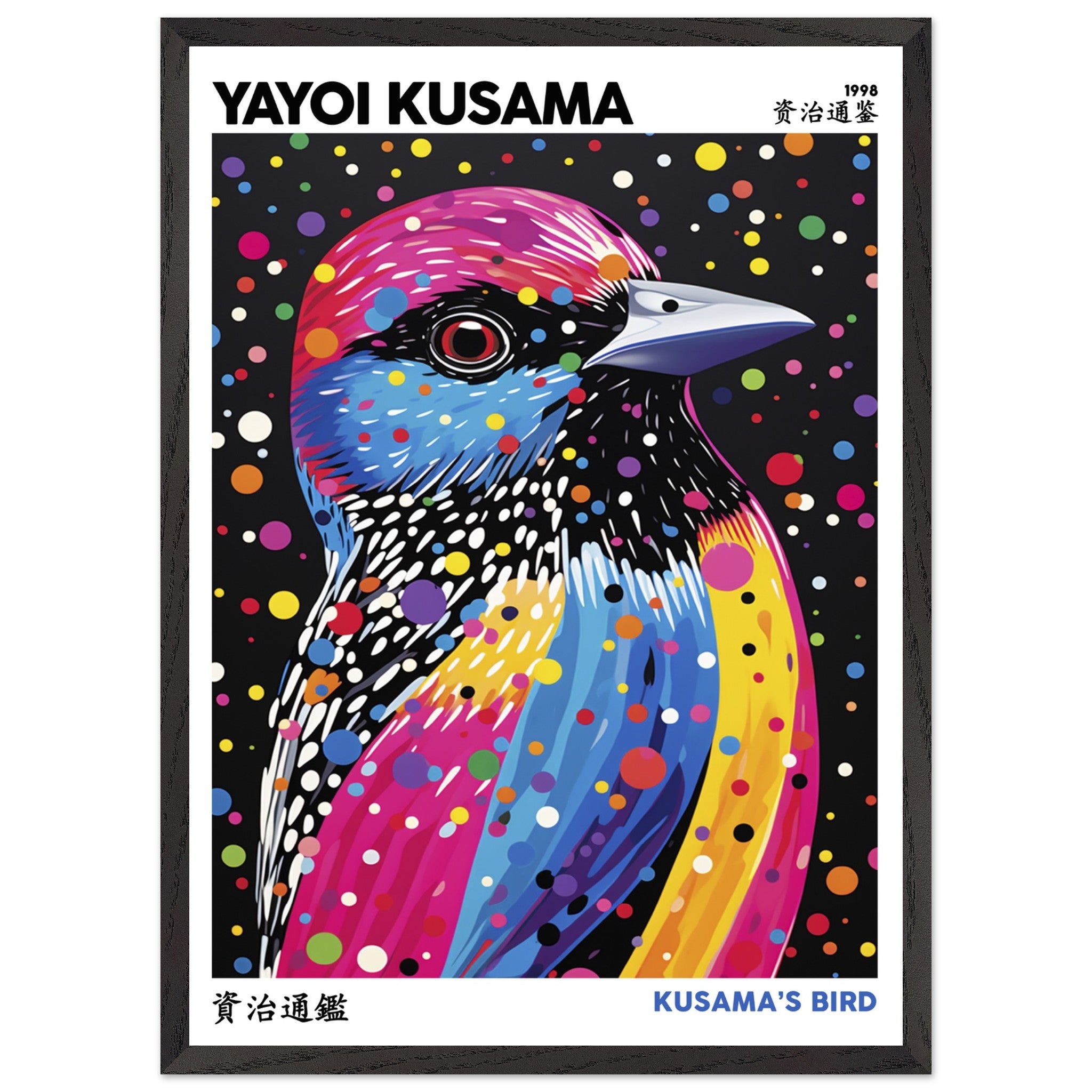 Artfulprints Poster met Lijst Yayoi Kusama - Kusama's bird  - 50x70 cm - Meerkleurig