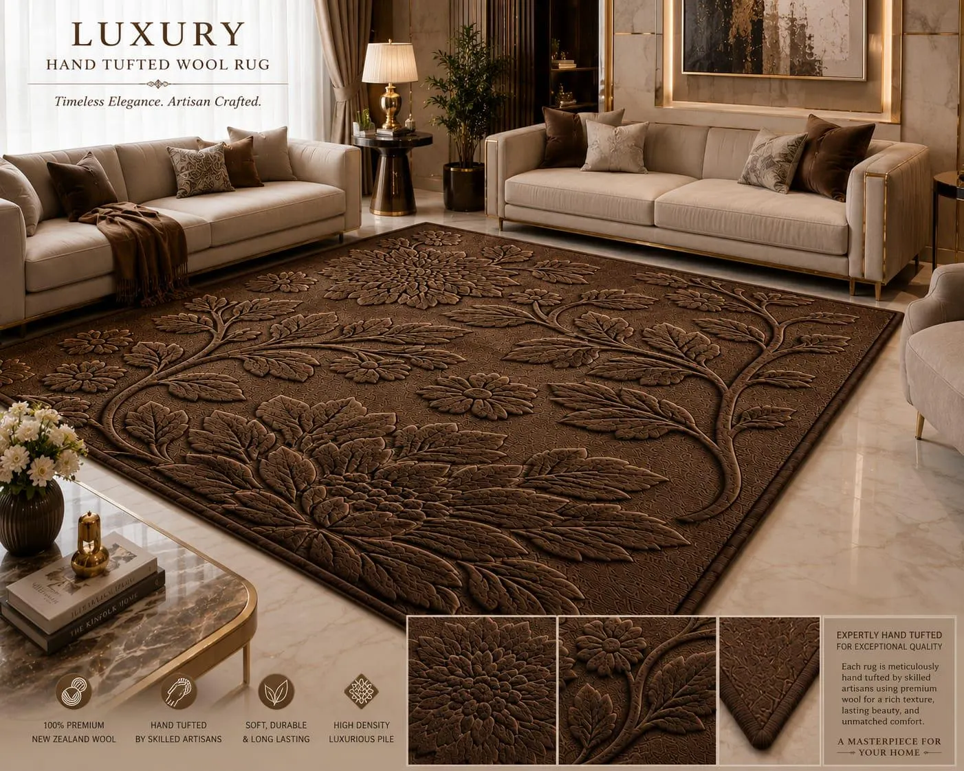 Luxury Hand Tufted Wool Rug, Embossed Floral Botanical Carpet