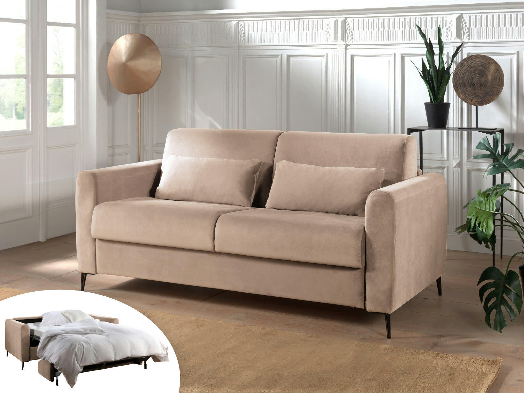 OWEN - Canapé droit convertible 3 places en velours beige