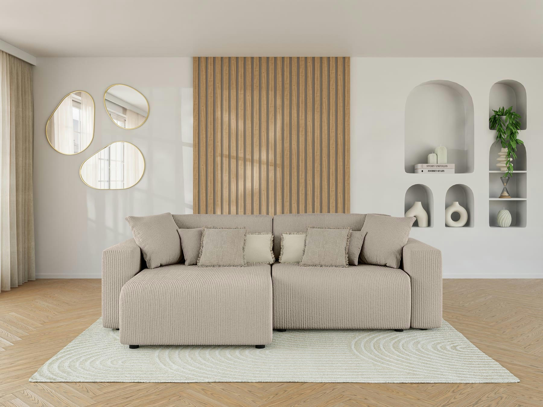 LEO - Canapé d'angle convertible en velours côtelé 4 places grège