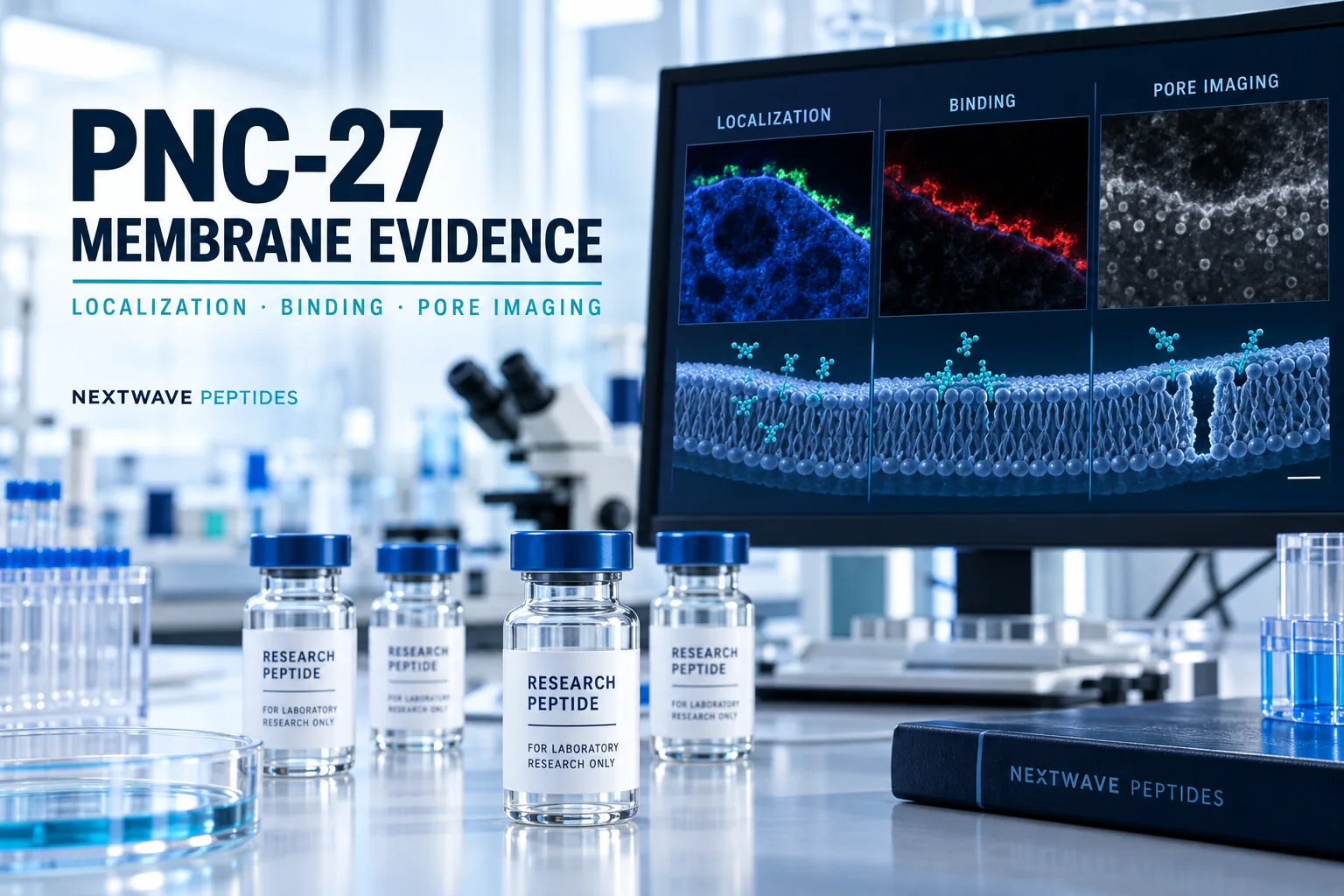 PNC-27 research vials beside an illustrative membrane evidence display for localization, binding, and pore imaging.