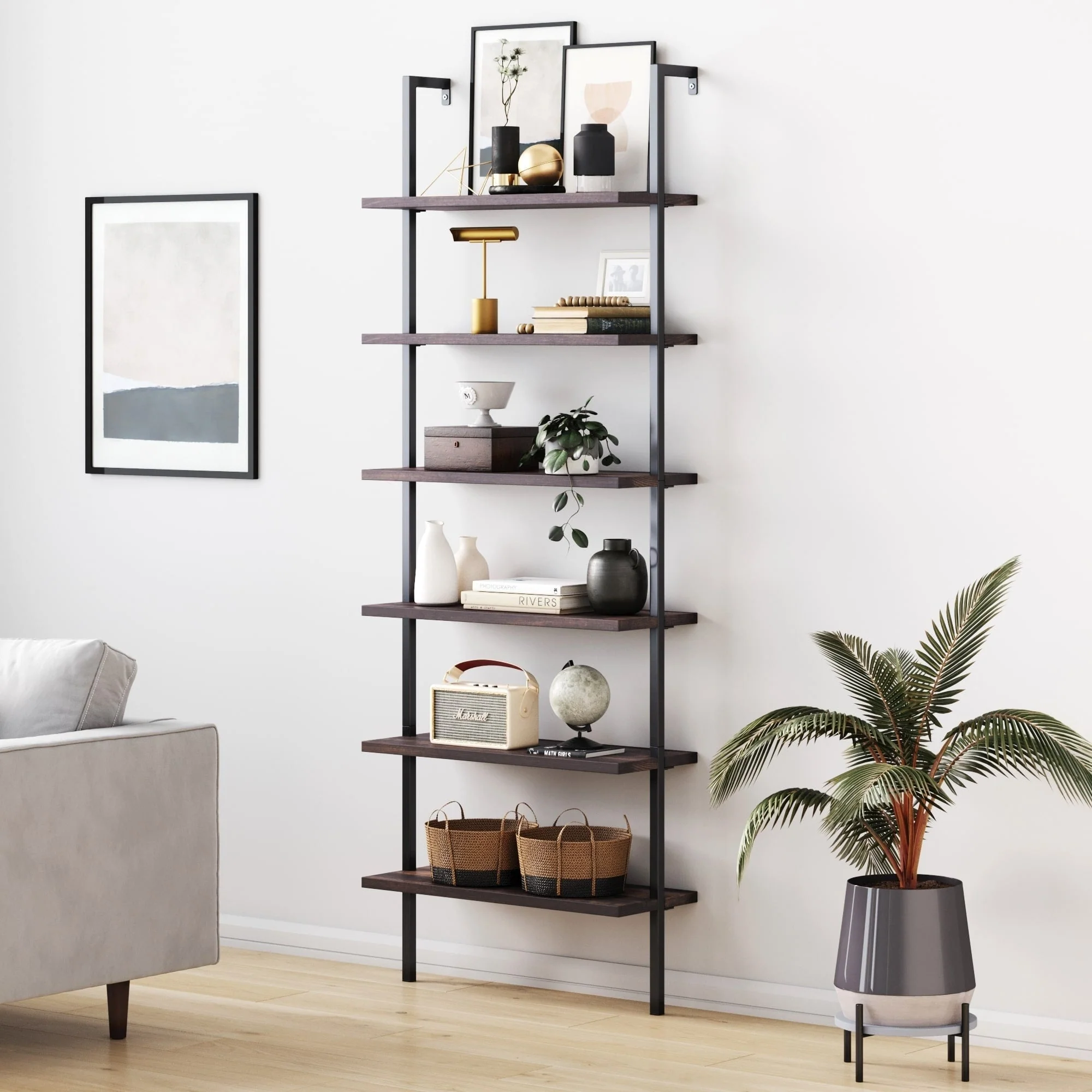 Nathan James Theo 6-Shelf Tall Bookcase, Wall Mount Bookshelf Wood with Metal Frame