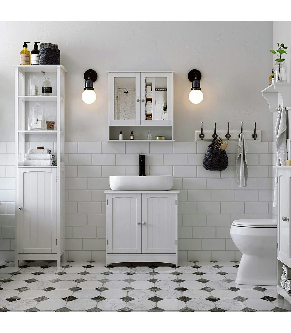 - Meuble sous vasque blanc avec 2 Portes et 1 étagère réglable - L60 cm