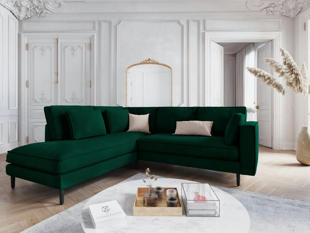 ALEXIS - Canapé d'angle 5 places en velours vert bouteille