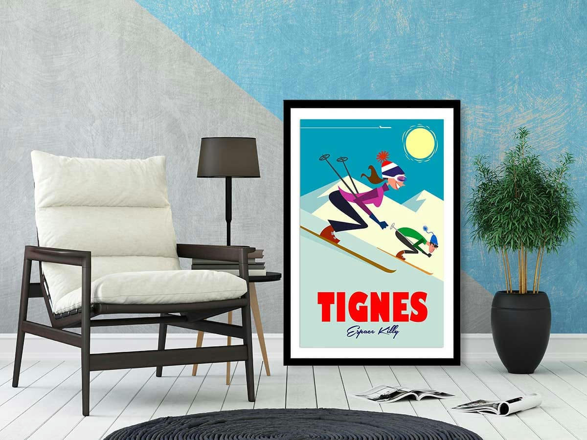 - Affiche Ski à Tignes avec cadre noir 30x45cm