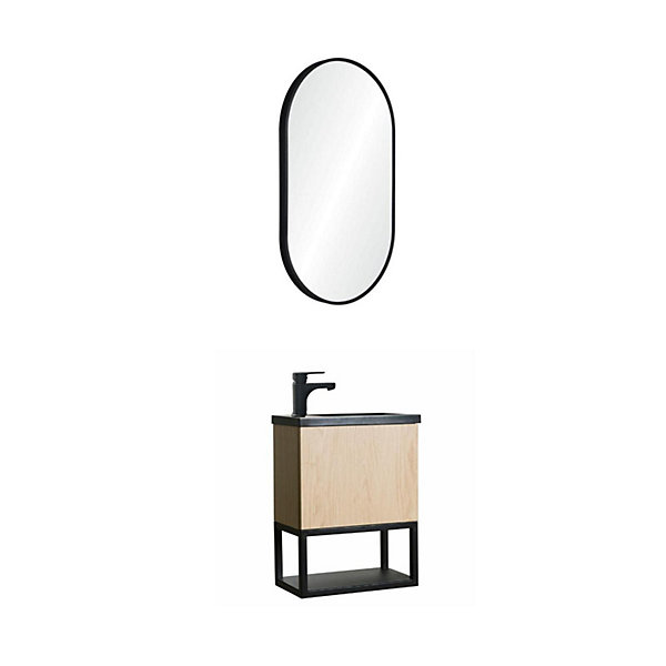 Ensemble lave-mains NOVA métal et bois avec robinet noir et miroir ovale