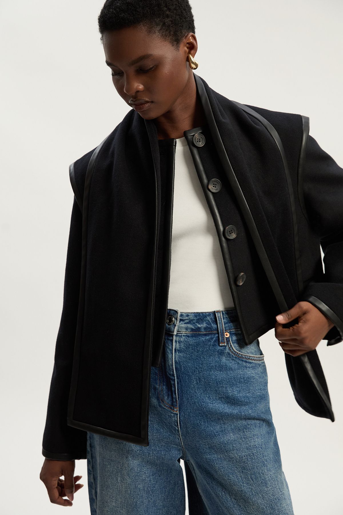 KarenMillen Brushed Wool Pu Mix Detachable Scarf Tailored Crop Coat