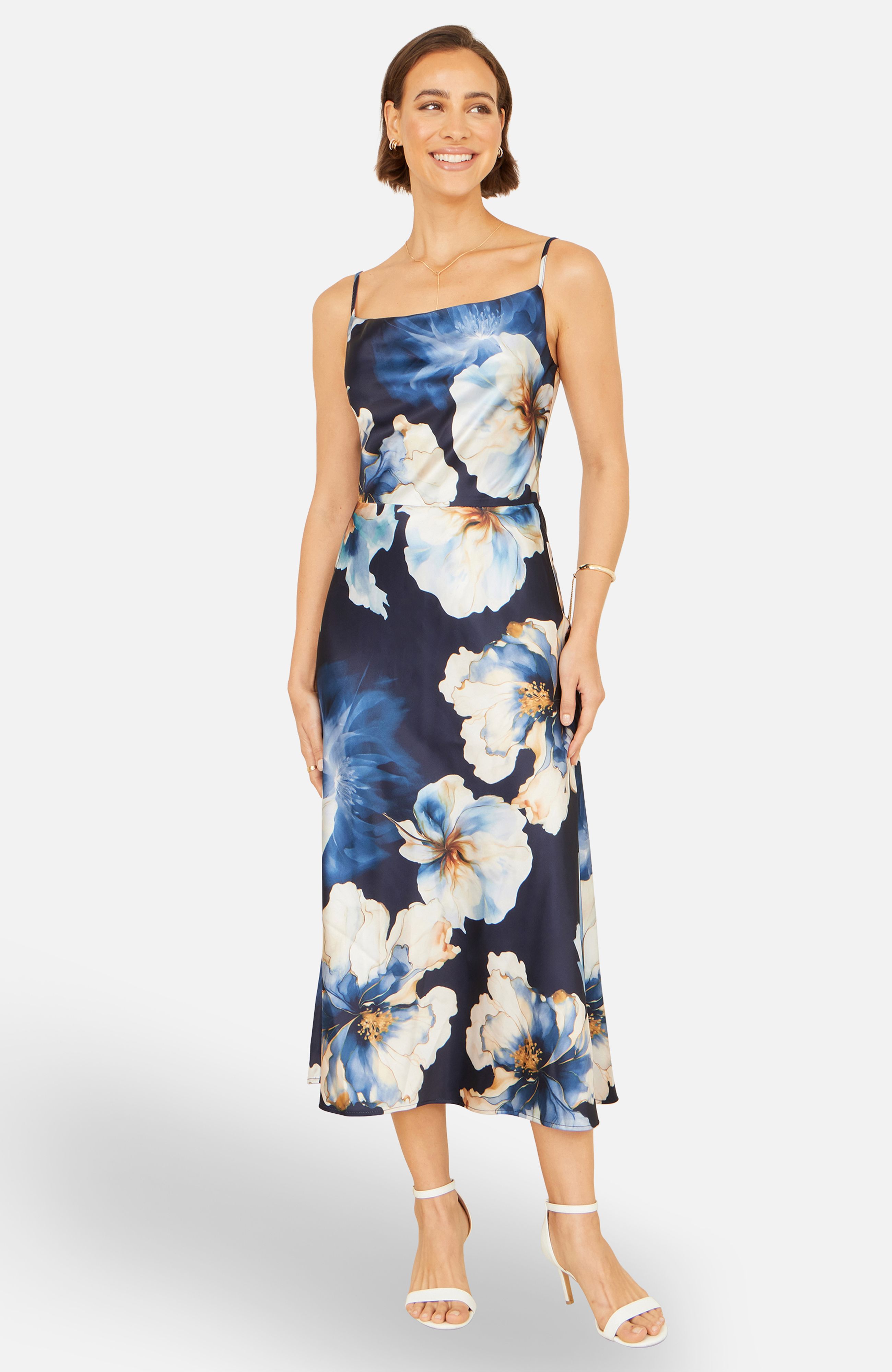 Yumi Satin Cowl Neck Floral Dress