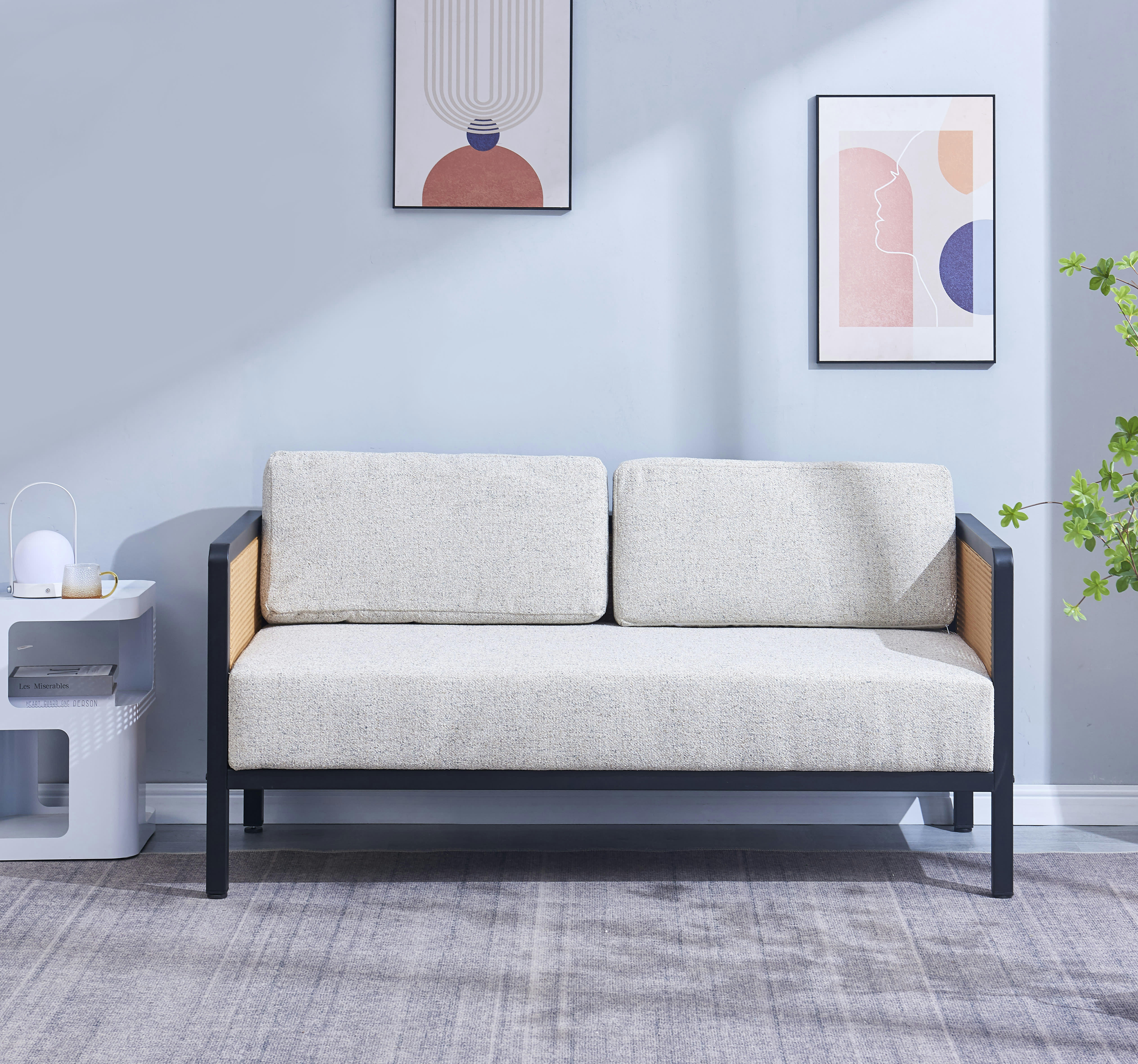 - Canape 2/3 personnes en cannage et tissu gris