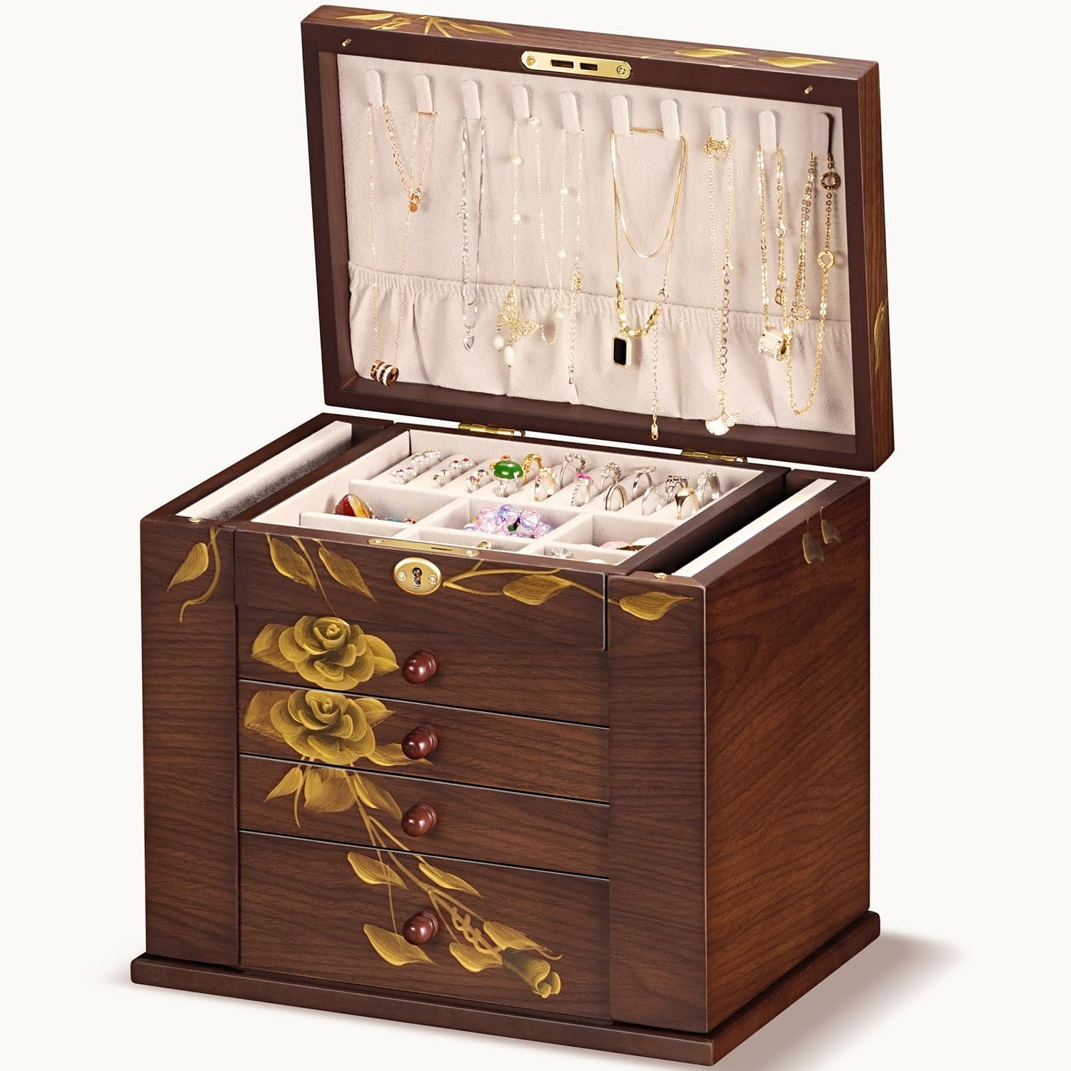 Hand-Painted rose Wooden Jewelry Boxes for Women - 8-Layer Large Lockable Jewelry Box with Compartments, Dresser Top Jewelry Organizer, Vintage Wooden Jewelry Storage