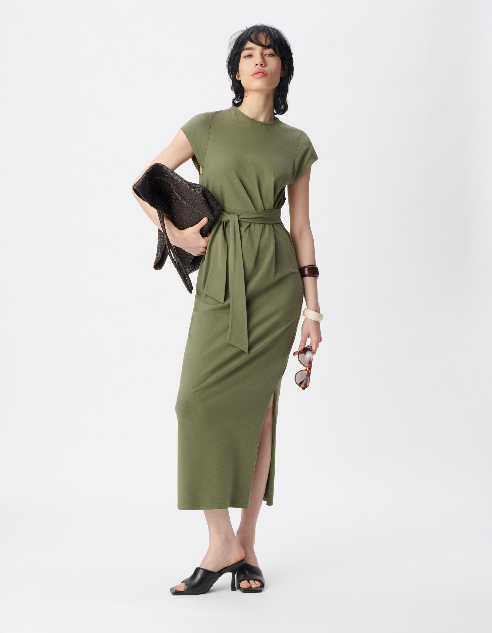 Robe midi kaki ceinture à nouer Femme