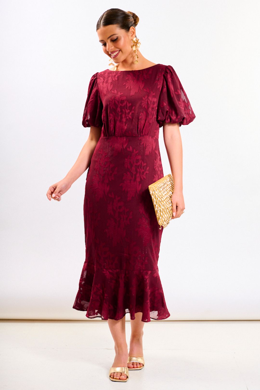 Needs No Label Burgundy Shimmer Puff Sleeve Midi Dress