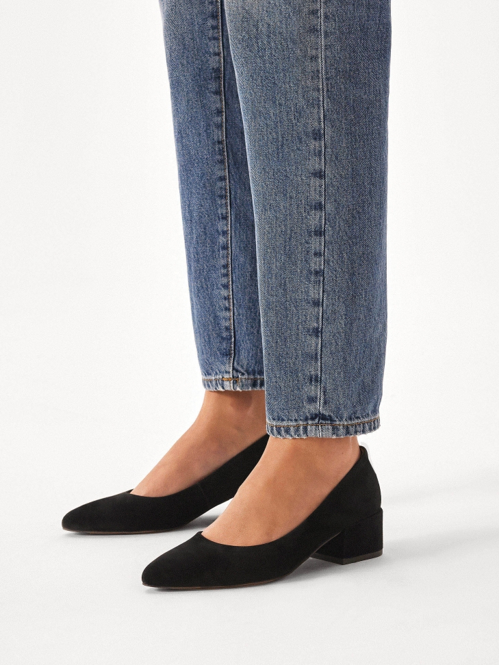 Black suede low stiletto pumps