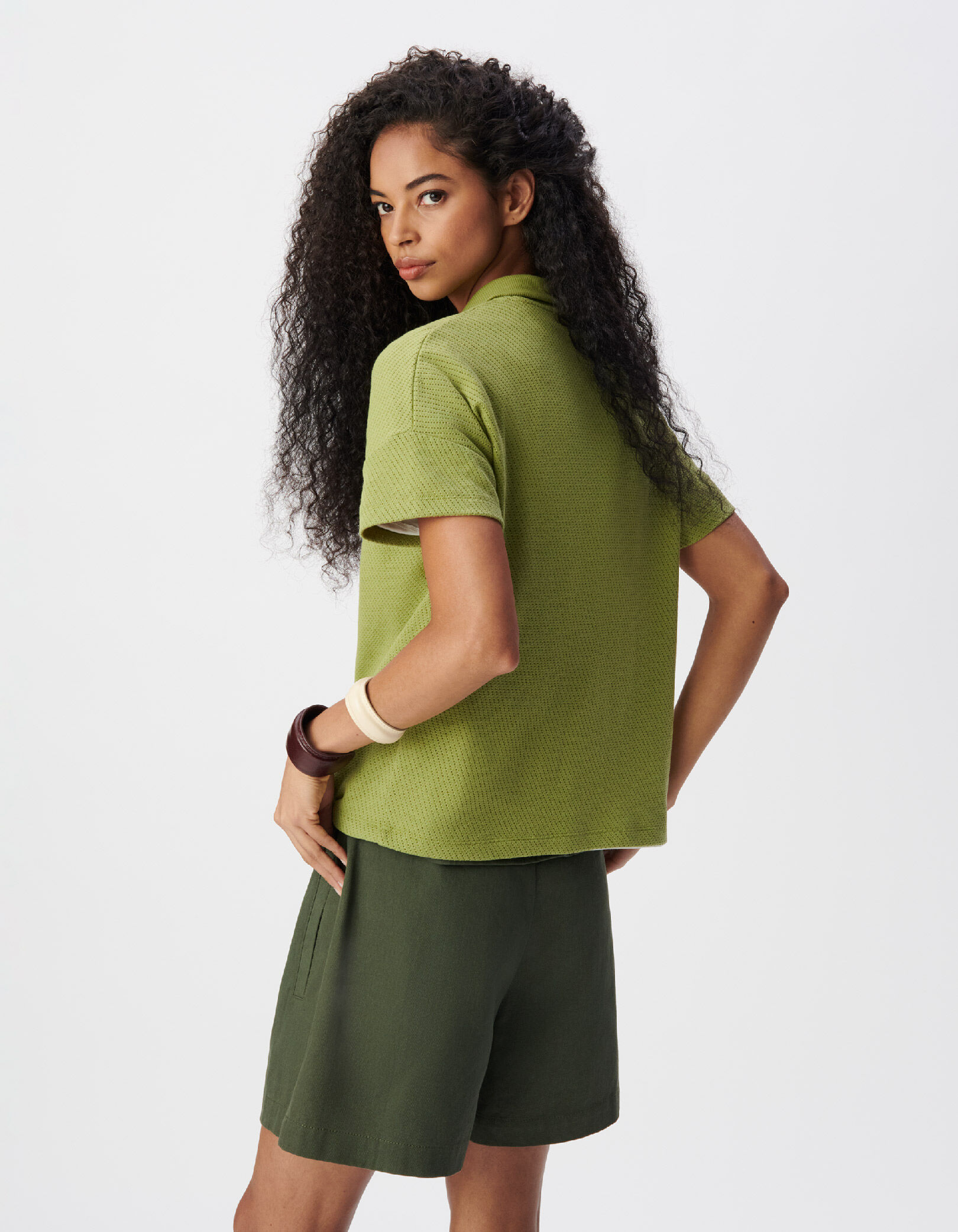 Tee-shirt col zippé vert maille fantaisie Femme
