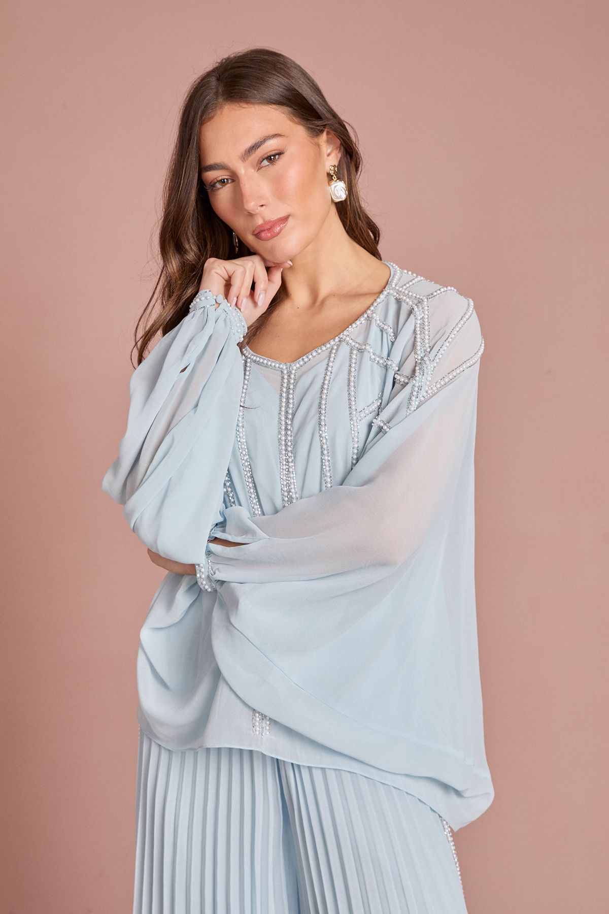 Coast Chiffon Pearl Detail Cape Sleeve Blouse Co Ord