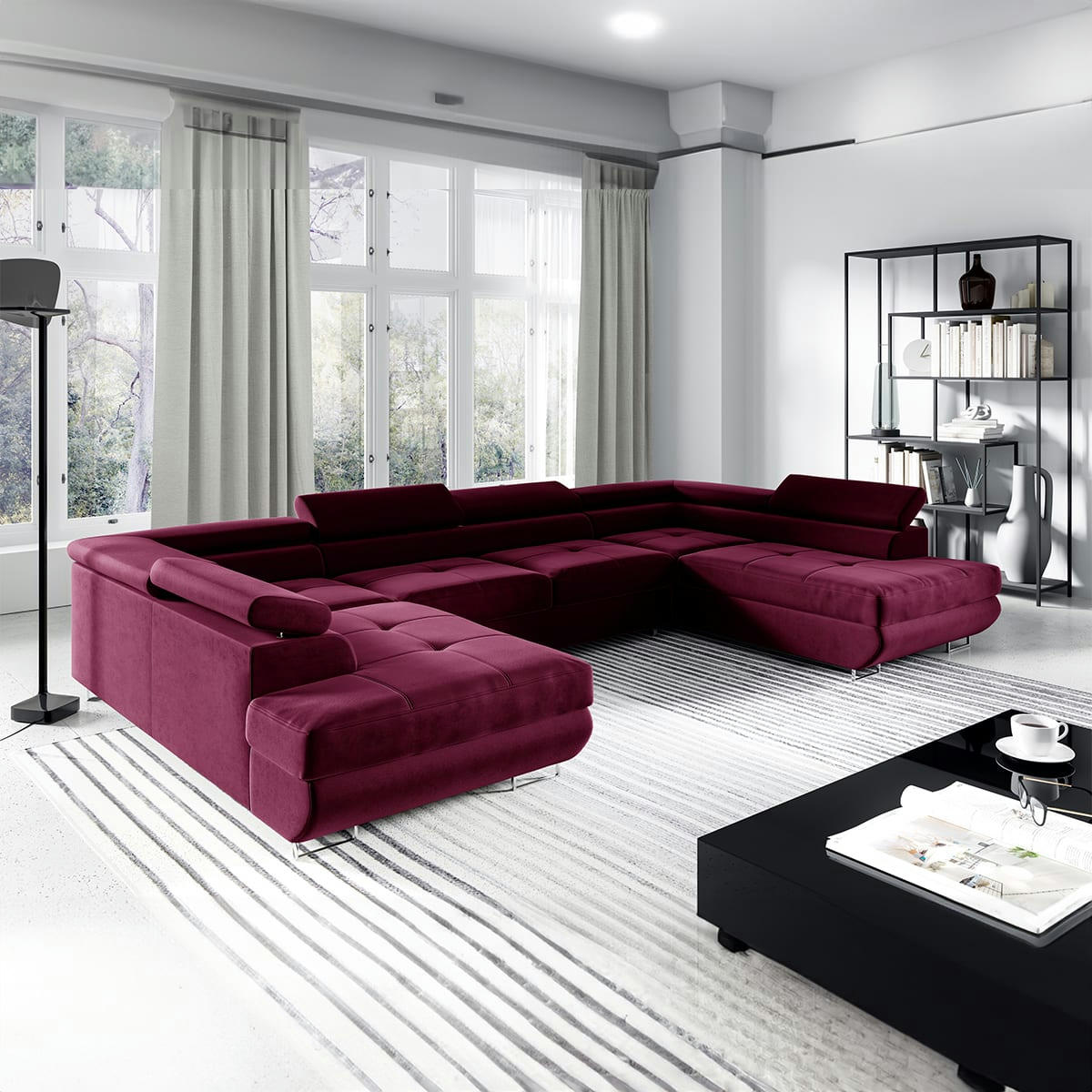 - Canapé en u 5 places convertible bordeaux