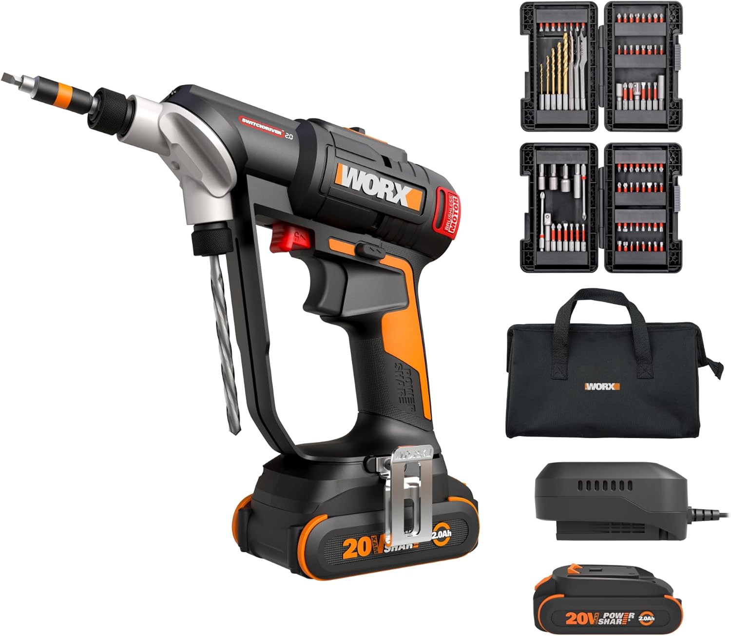 WORX WX177L.2 Cordless Drill Driver, 20V 445 in·lb Brushless Power Drill Driver, Powerful Drilling and Driving, 2-in-1 Design, 85 Bits, Battery and Charger Included, PowerShare