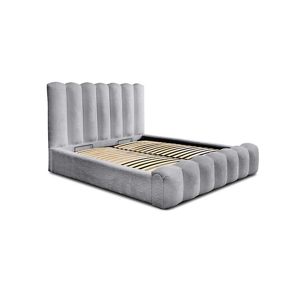 Lit coffre BADJATissu bouclé Perle daube140x200 cmSommier relevableDesign haut de gamme