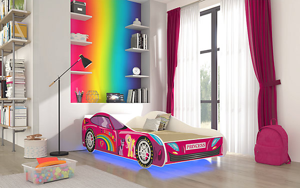 Lit enfant voiture licorne rose avec matelas et sommier inclus - 140 cm x 70 cm
