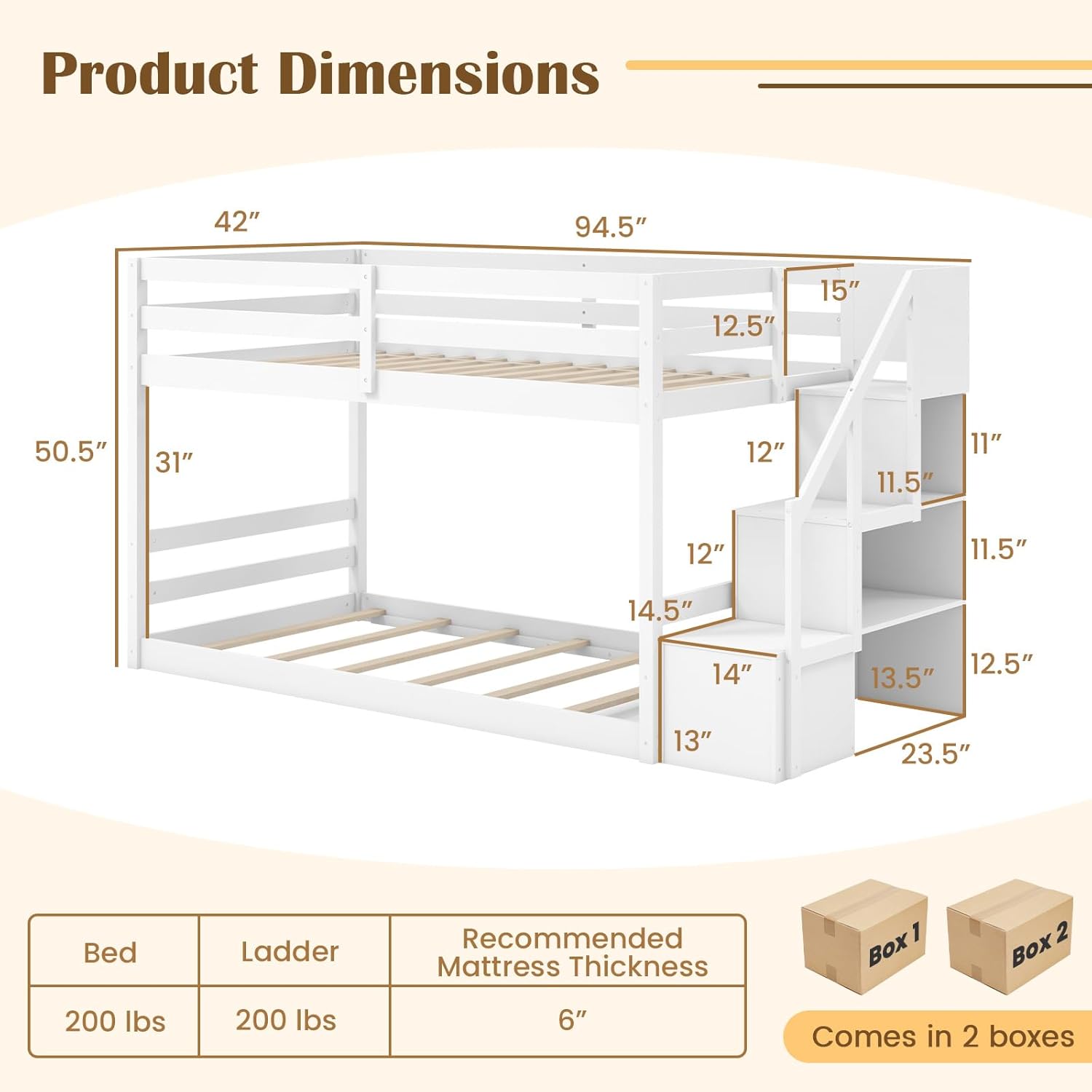 Giantex Twin Over Twin Bunk Bed with Stairs, Solid Wood Floor Bunk Bed with Storage Staircase & Full-Length Guardrails, Low Bunk Bed with for Kids, Teens, Adults, Dorm, Small Space, White
