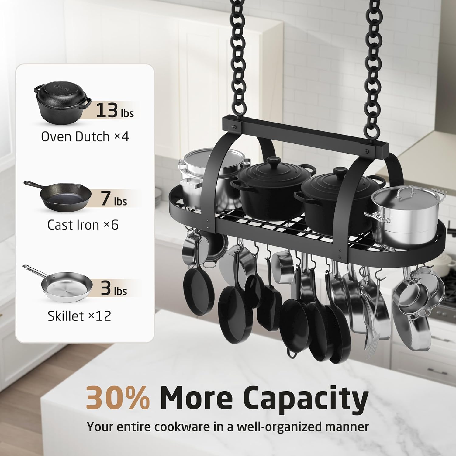 KES 48 Inch Large Hanging Pot Rack, Heavy Duty Oval Pot and Pan Hanging Rack Ceiling Mount, Pot Pan Hangers for Kitchen with 20 Hooks, Matte Black, (For 16 and 24 Joist Mount), KUR225S122-BK