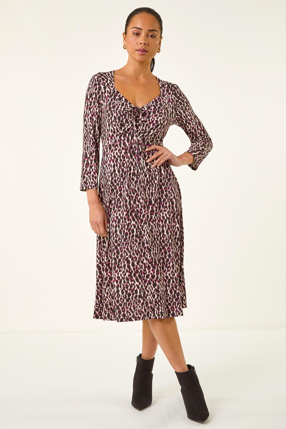Roman Petite Animal Print Ruched Stretch Midi Dress