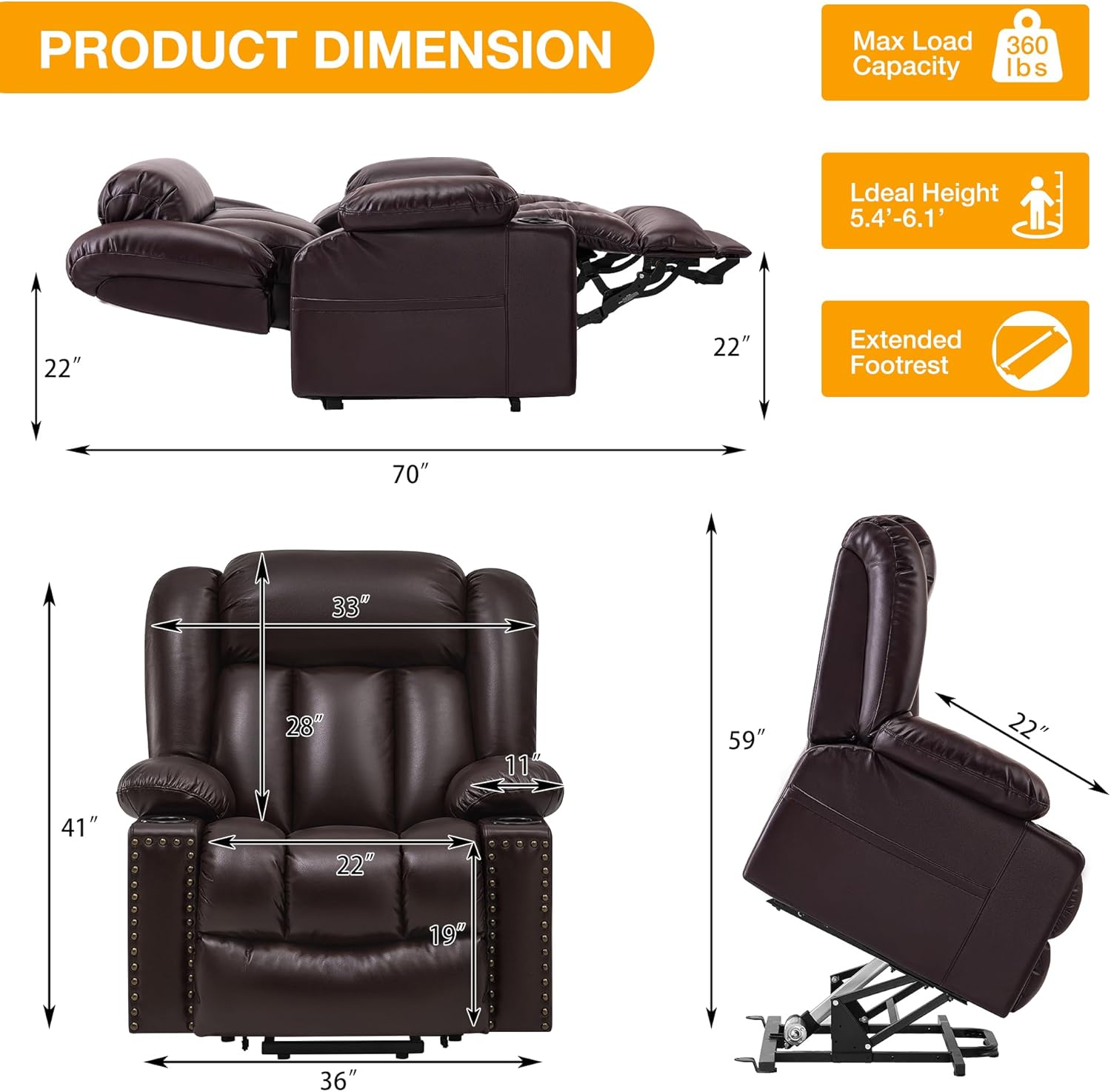 Triple Motor Large Power Lift Recliner Chair for Elderly with Heat and Massage, Lay Flat Lift Chairs for Seniors Infinite Position, Extended Footrest (Dark Brown)