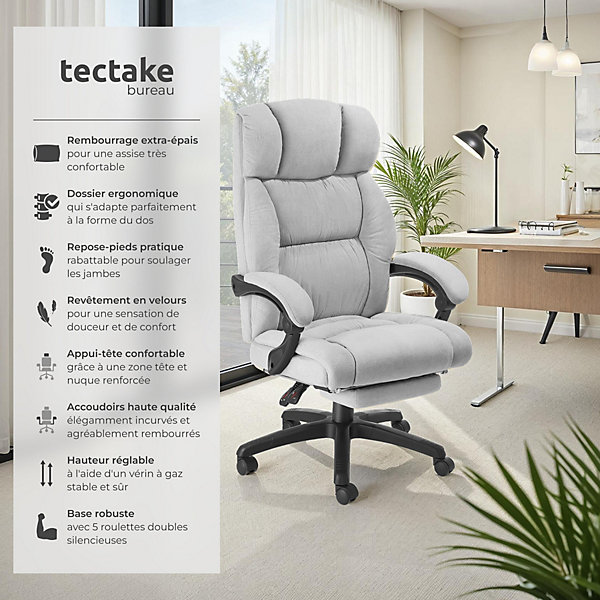 Chaise de bureau avec repose-pieds et revêtement en velours gris