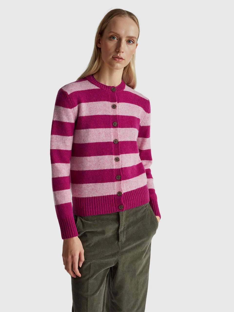 Striped cardigan in pure Shetland wool