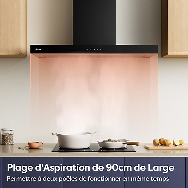 Hotte décorative 90cm murale 650m3h wifi classe a    4 vitesses évacuation ou recyclage tactile noir CD9102B Ciarra