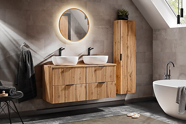 Meuble bas de salle de bain avec panier à linge ADEL CHÊNE 40 cm