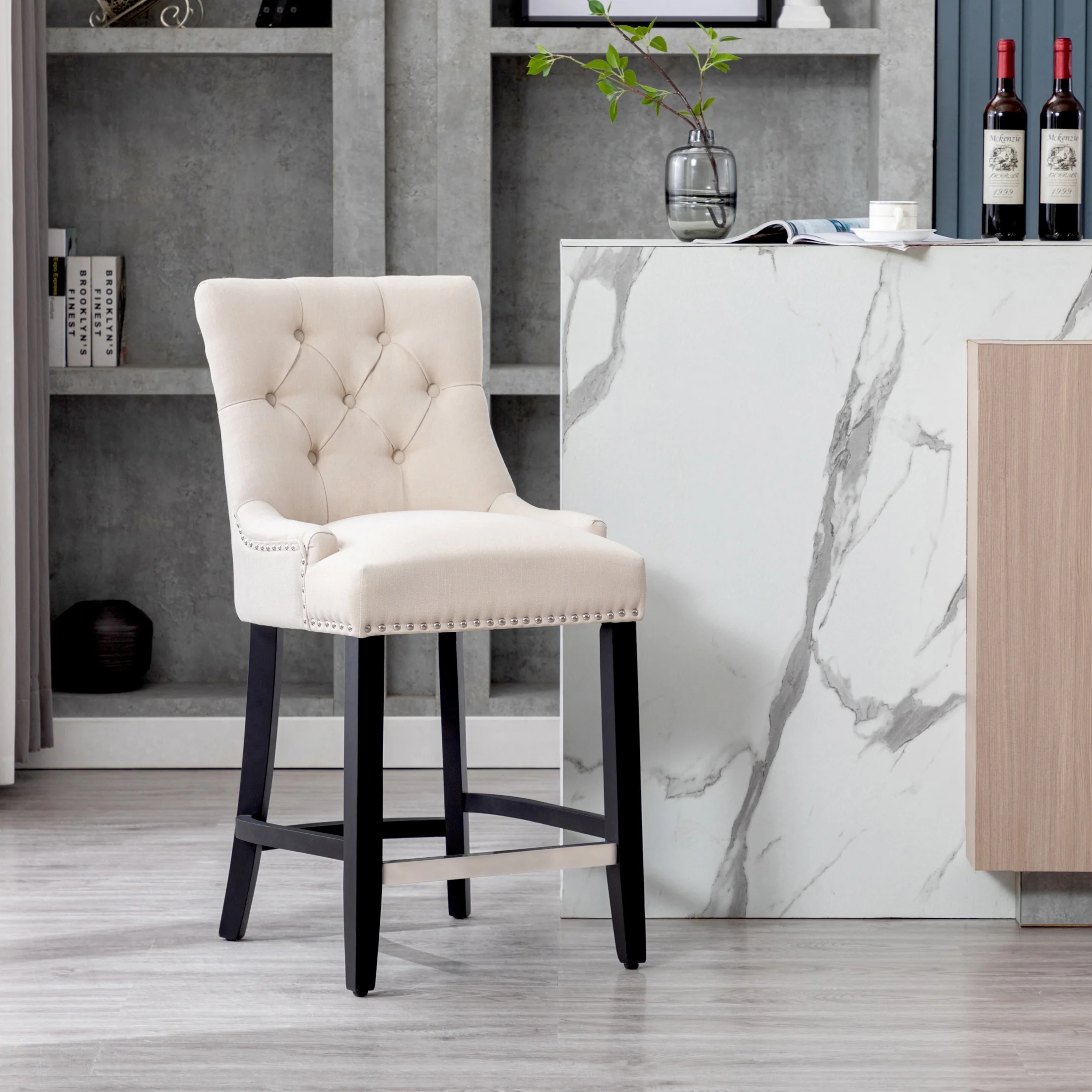 Carter 24 Upholstered Button Tufted Counter Stool, Black Legs