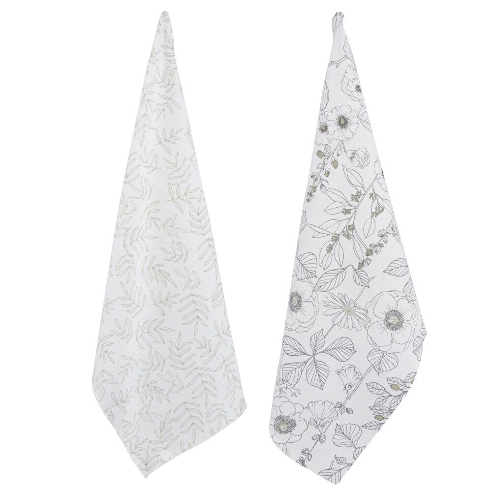 Torchon x2 coton beige motif végétal 45x65cm