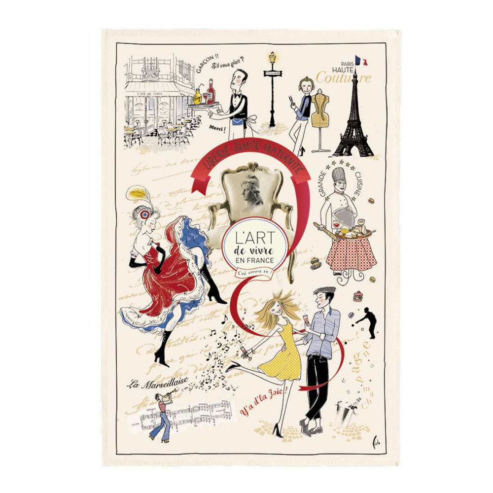 VINTAGE - Torchon imprimé art de vivre en coton ecru 48 x 72