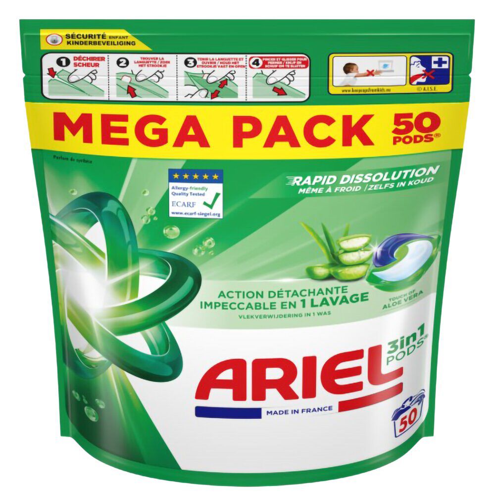 Lessive capsule Ariel Pods action détachante Aloe Vera 50 lavages
